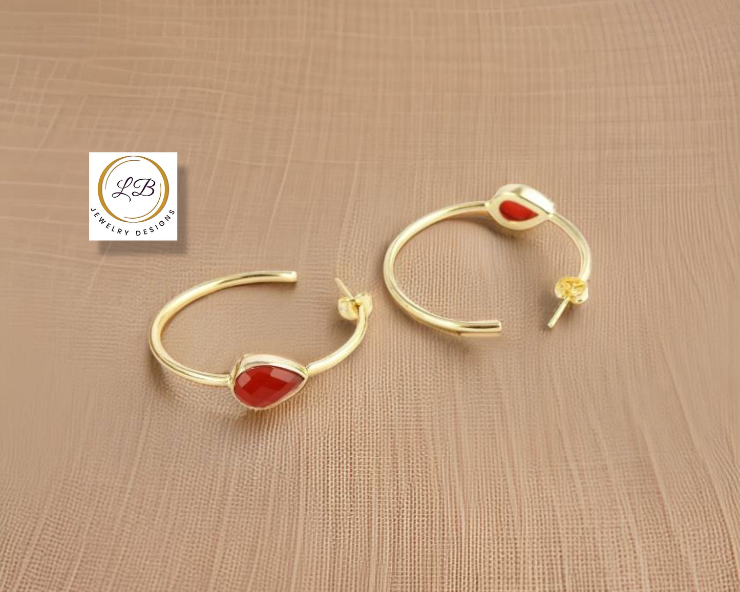 Orange Carnelian Gold Hoop Earrings 2.25”