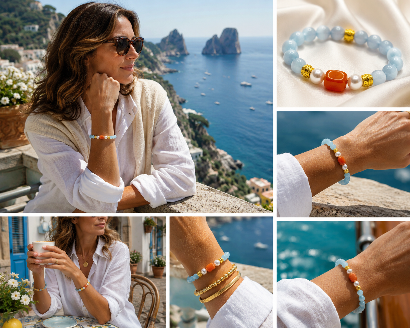 Capri Blue Cat’s Eye, Carnelian & Freshwater Pearl Bracelet