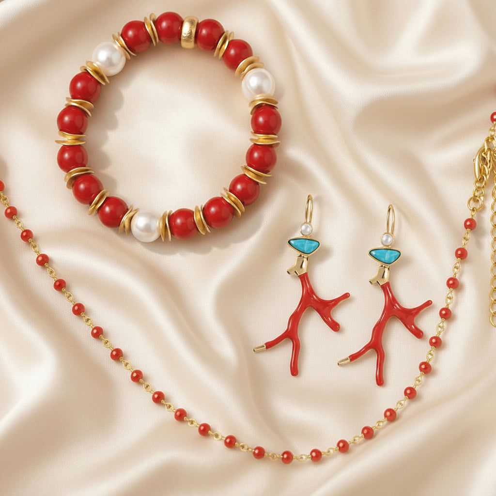 Capri Coral Branch Statement Set – Red Coral, Turquoise & Pearl Earrings, Bracelet and Necklace