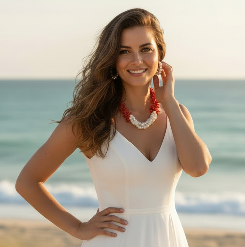 Ibiza Red Coral & Freshwater Pearl Triple-Strand Necklace - Luxury Coastal Statement Jewelry