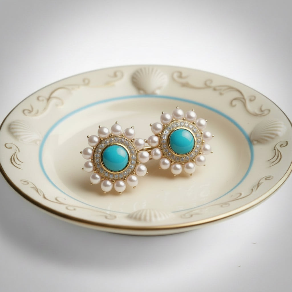 Capri Turquoise & Pearl Halo Statement Stud Earrings