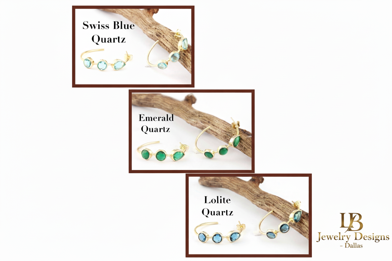 Quartz Gemstone Gold Hoop Earrings - Swiss Blue, Emerald & Blue Iolite Quartz - 14k Gold Plated 1.25”
