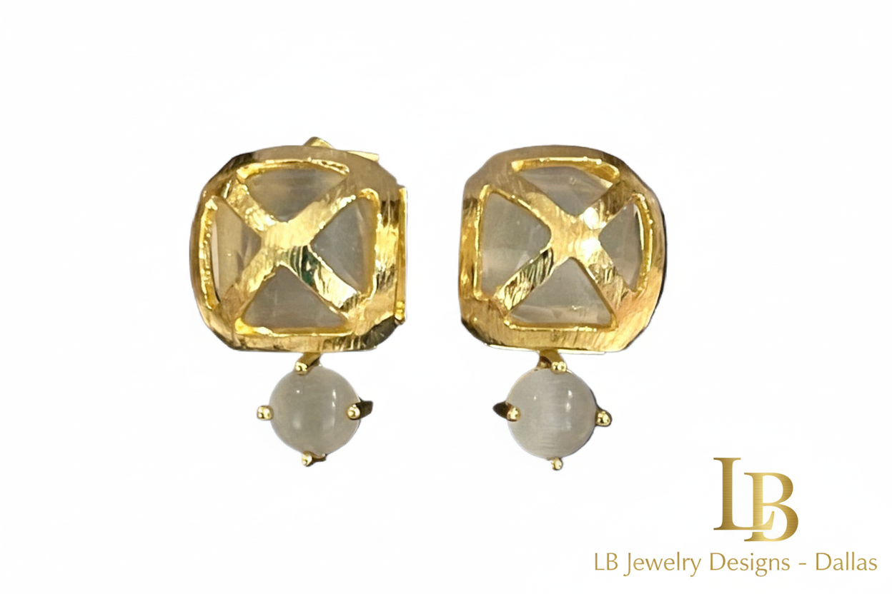 White Moonstone Gold Stud Earrings 1”