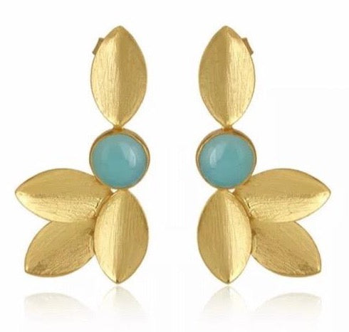 Aquamarine Leaf Design 22k Brushed Gold Vermeil Statement Earrings