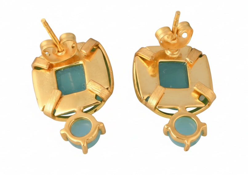 Aqua Chalcedony Gemstone Gold Stud Earrings 1”