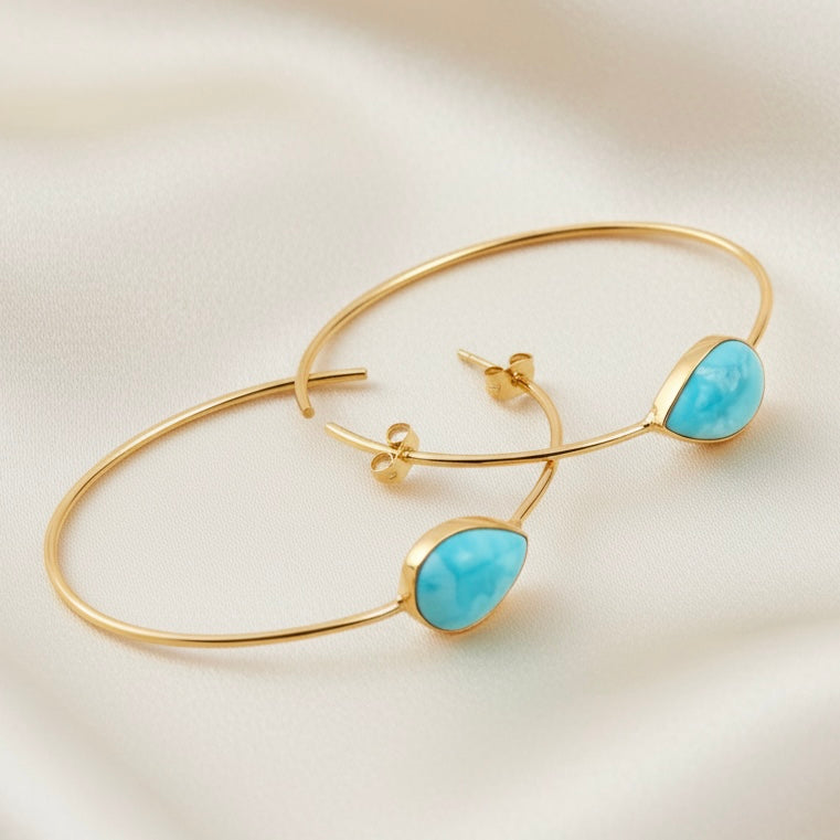 Larimar Gold Hoop Earrings – Coastal Blue Gemstone Drop Hoops in 18K Gold