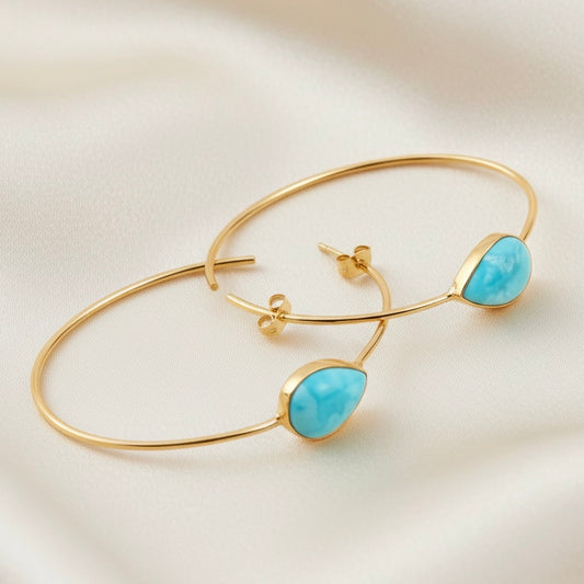 Larimar Gold Hoop Earrings – Coastal Blue Gemstone Drop Hoops in 18K Gold
