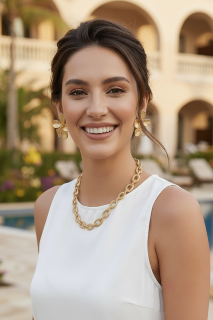 Montecito Gold Link Necklace & Vermeil Floral Stud Earring Set - Coastal Luxury Jewelry