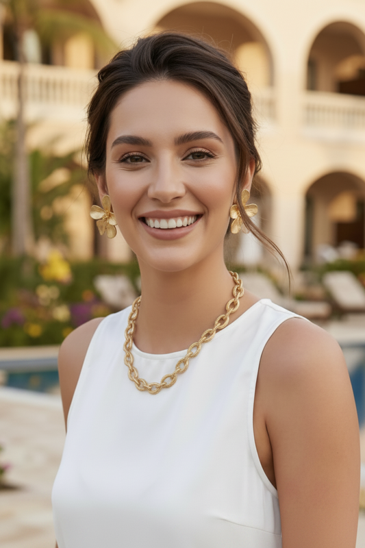 Montecito Gold Link Necklace & Vermeil Floral Stud Earring Set - Coastal Luxury Jewelry