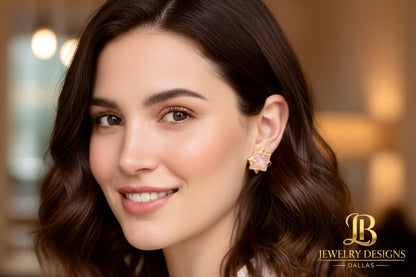Light Pink Rose Quartz Gemstone Pyramid Stud Earrings - 24k Gold Vermeil