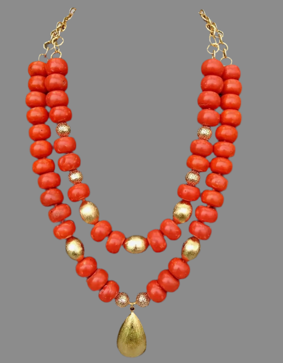 Orange Coral Gold Vermeil Pendant Statement Necklace 25"