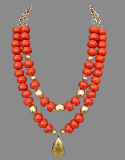 Orange Coral Gold Vermeil Pendant Statement Necklace 25"