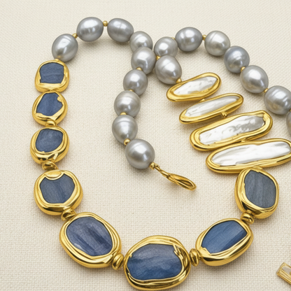 Capri Azure Kyanite & Pearl Statement Necklace Set - Luxury Resort Jewelry