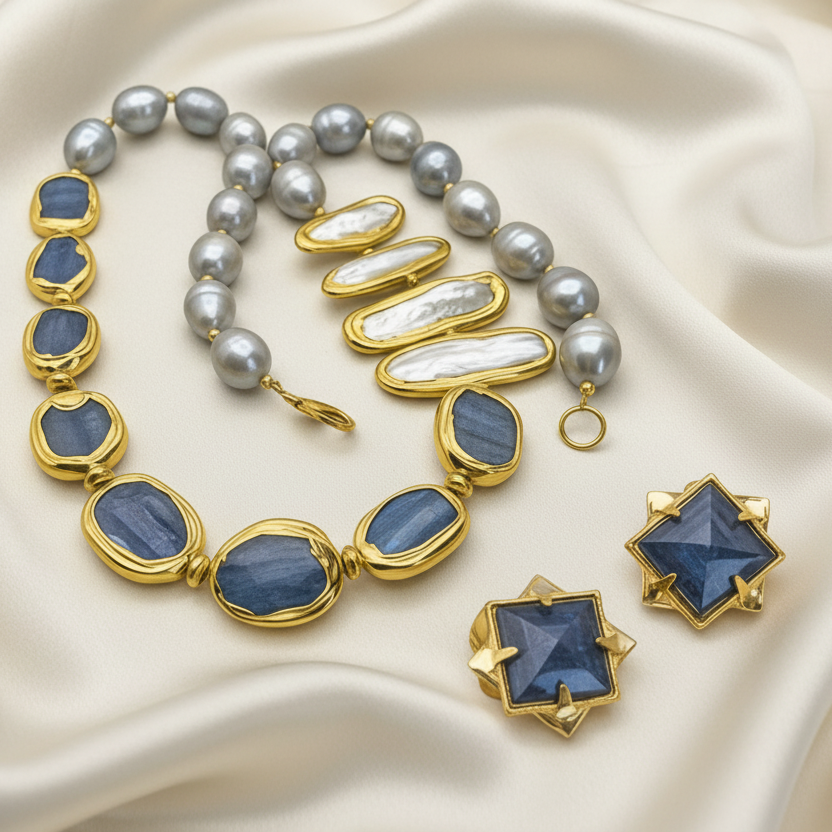 Capri Azure Kyanite & Pearl Statement Necklace Set - Luxury Resort Jewelry