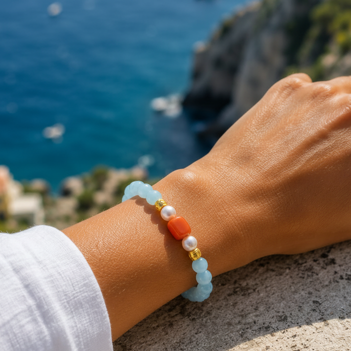 Capri Blue Cat’s Eye, Carnelian & Freshwater Pearl Bracelet