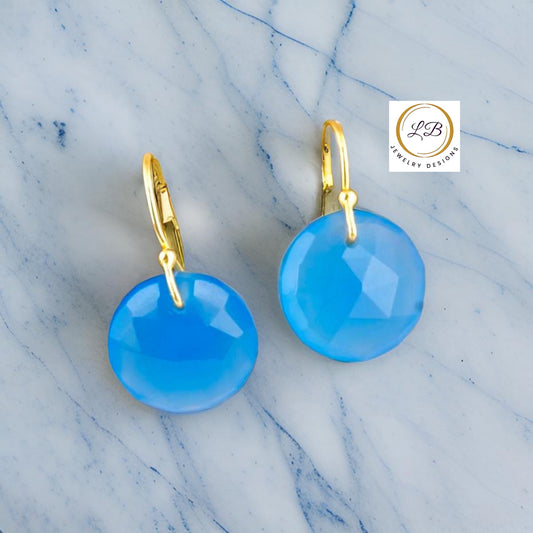 Blue Chalcedony Gold Earrings 1.5”
