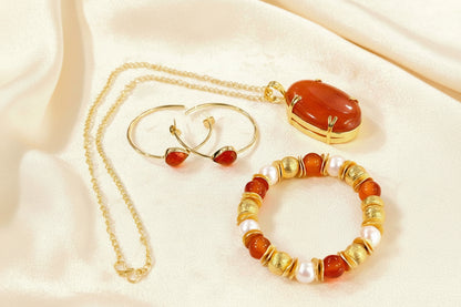 Capri Carnelian & Pearl Coastal Luxury Jewelry Set - 18k Gold Filled Necklace, Bracelet & Hoop Earrings