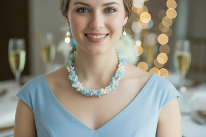 Aquamarine & Pearl Gemstone Triple-Strand Statement Necklace 18“