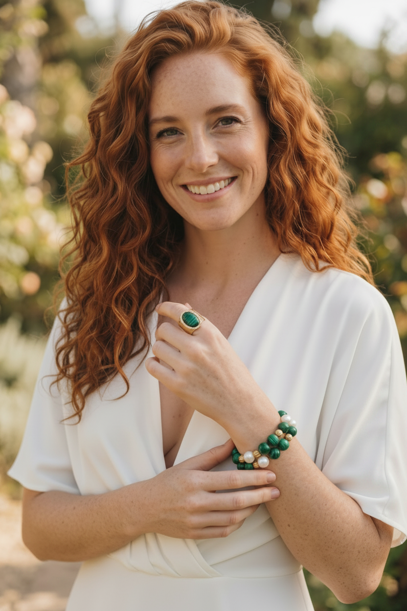 Montecito Malachite & Freshwater Pearl Bracelet Stack & Statement Ring Set