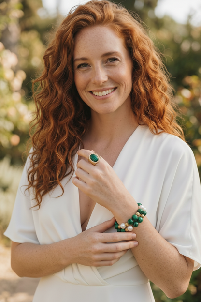 Montecito Malachite & Freshwater Pearl Bracelet Stack & Statement Ring Set