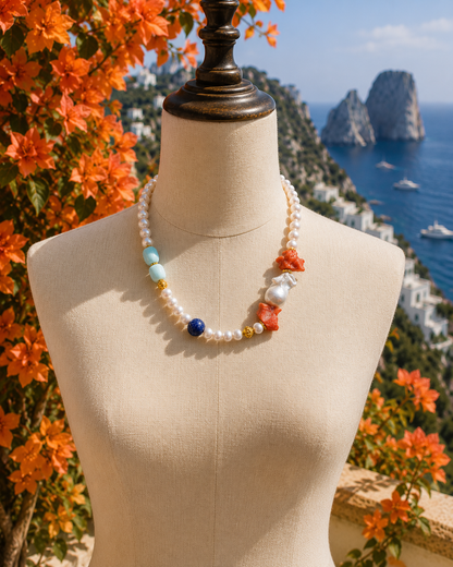 Capri Coral, Baroque Pearl, Opal & Lapis Lazuli Resort Statement Necklace