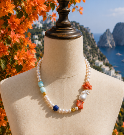 Capri Coral, Baroque Pearl, Opal & Lapis Lazuli Resort Statement Necklace