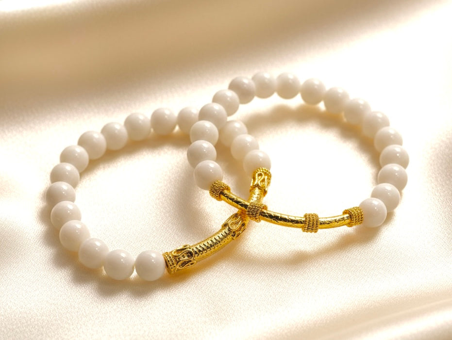 White Alabaster & Gold “Bali” Tube Beaded Bracelet