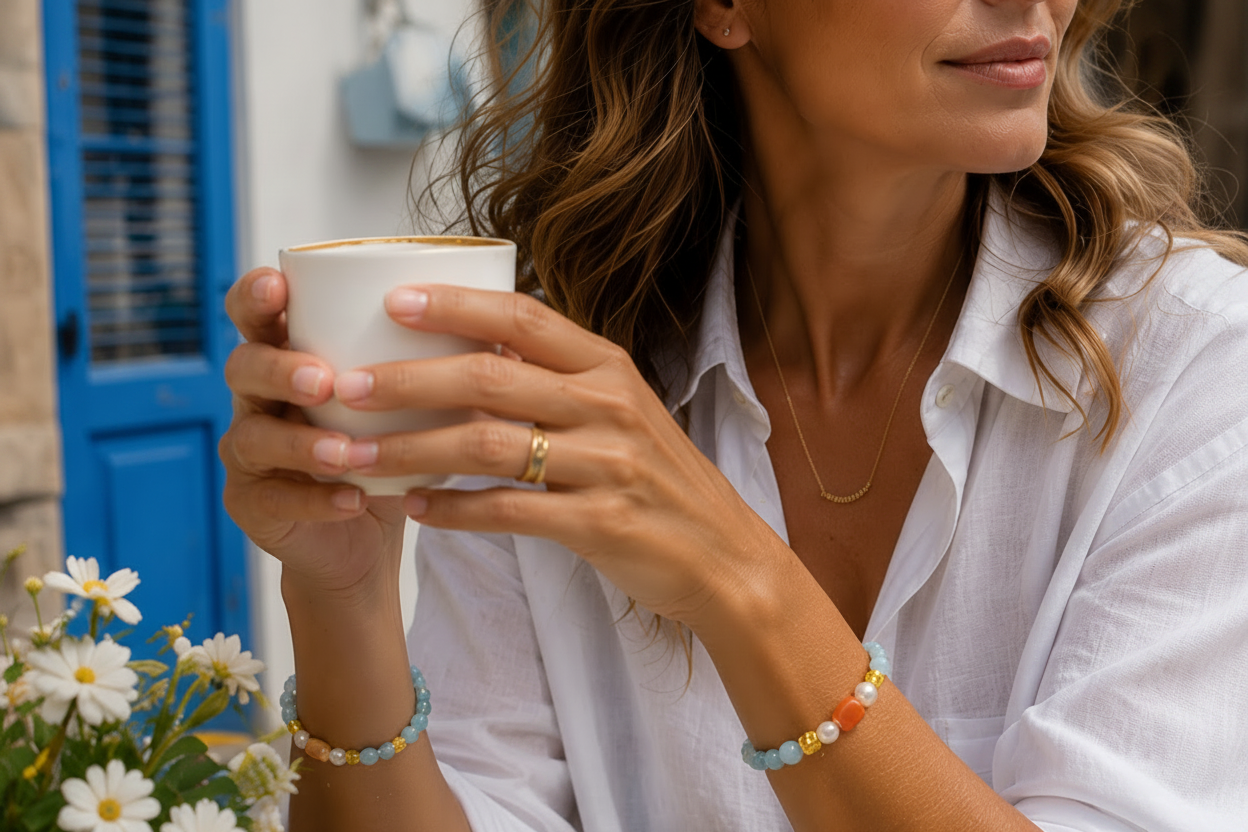 Capri Blue Cat’s Eye, Carnelian & Freshwater Pearl Bracelet