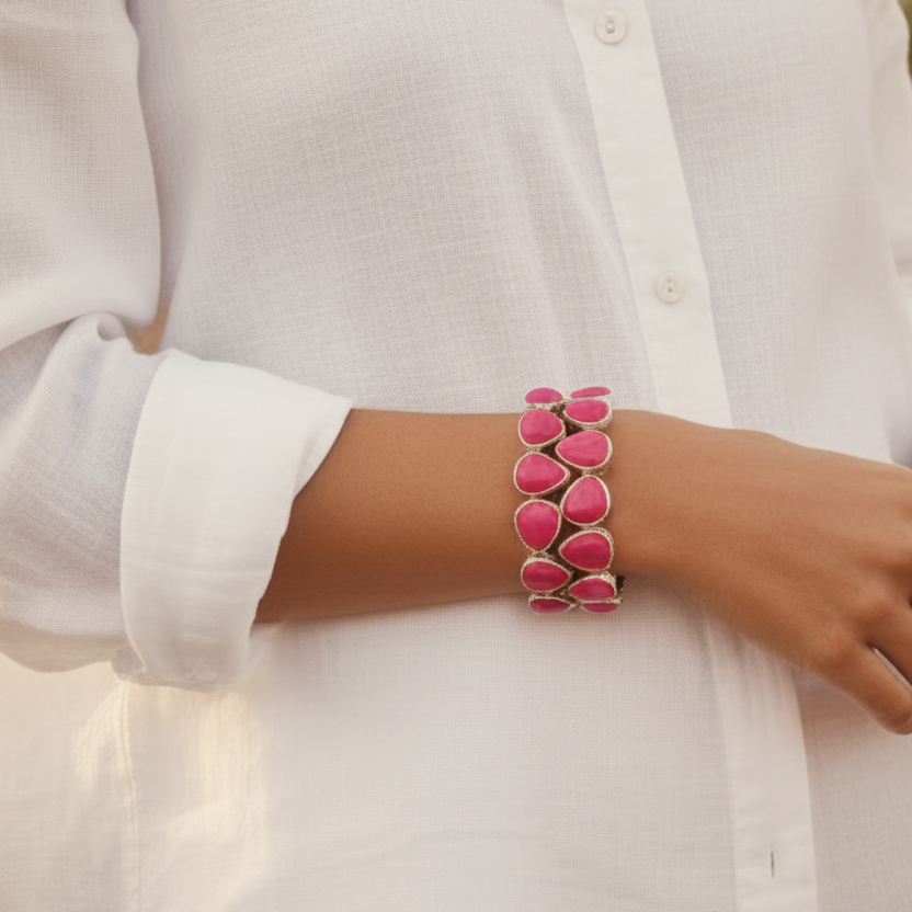 Capri Pink Coral Sterling Silver Statement Bracelet | Magenta Coral Resort Bracelet