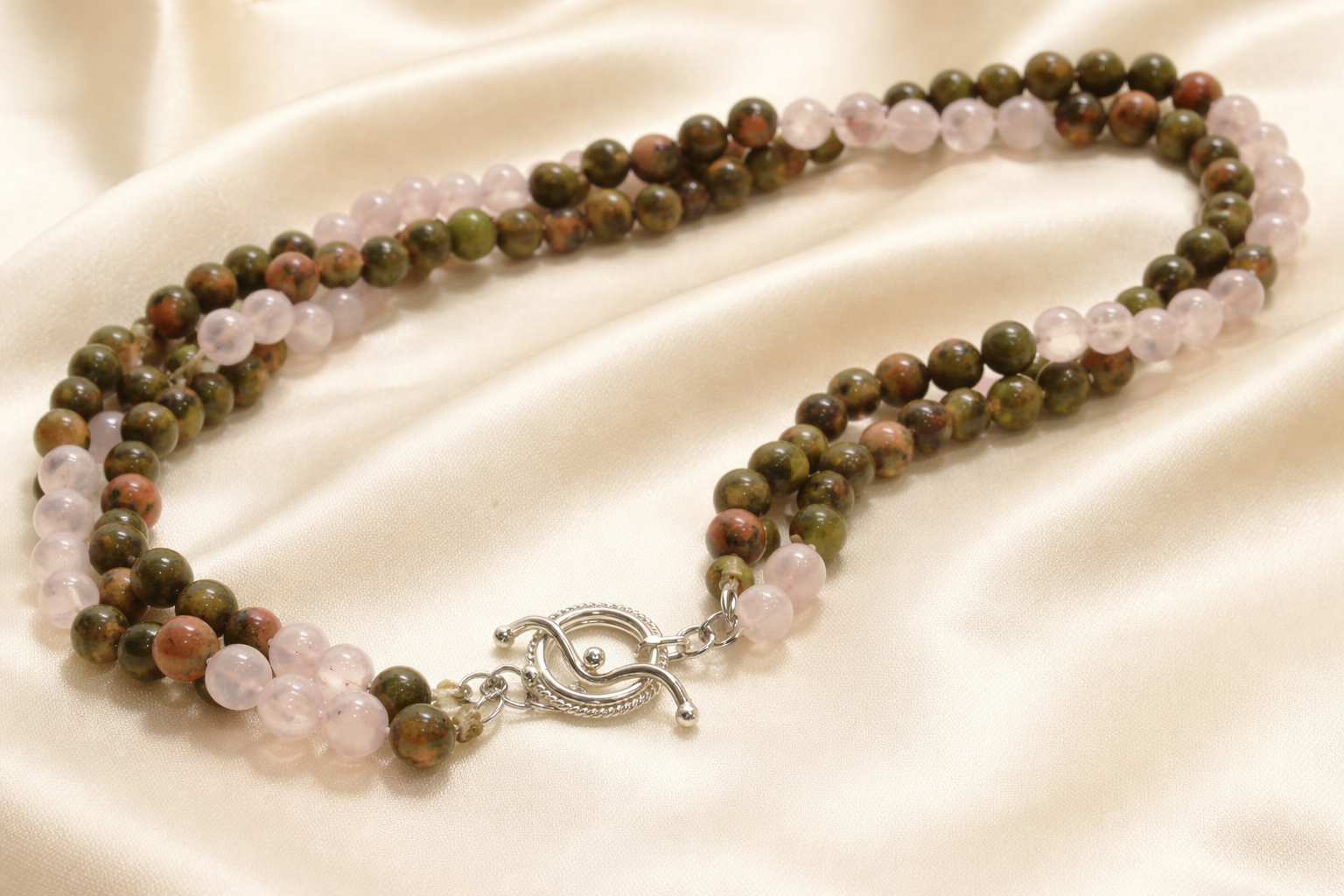 Montecito Earthstone Necklace: Unakite & Rose Quartz Triple-Strand Statement Necklace - 24” Natural Gemstone Jewelry