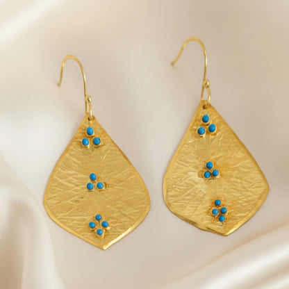 Capri Hammered Gold Leaf Turquoise Statement Earrings – 22k Gold Vermeil Resort Jewelry