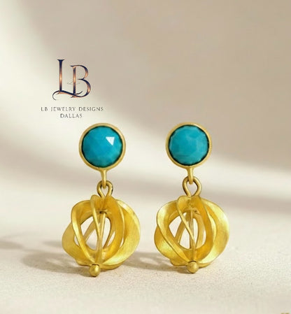 Turquoise Gold Vermeil Filigree Dangles 1.18”