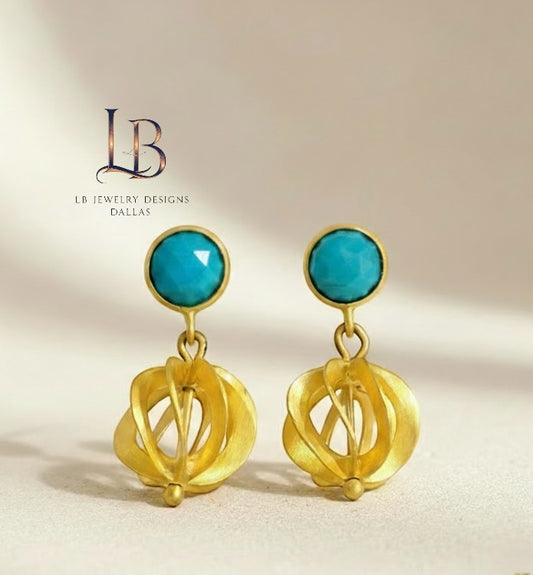 Turquoise Gold Vermeil Filigree Dangles 1.18”