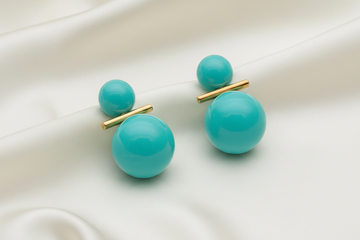 Capri Turquoise Double Bead Gold Bar Stud Earrings