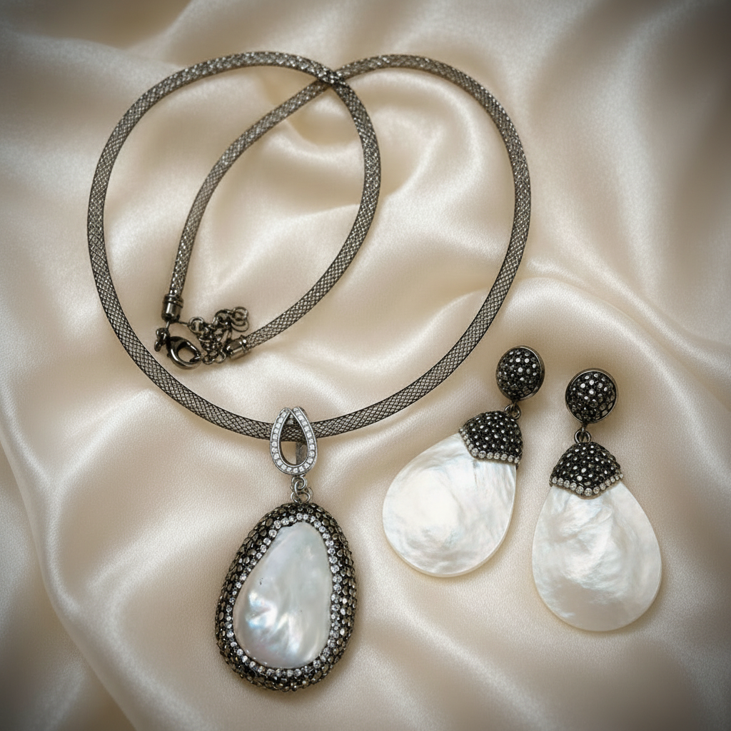 Montecito Noir Mother of Pearl & Marcasite Jewelry Set – Coastal Luxury Necklace, Earrings & Bracelet