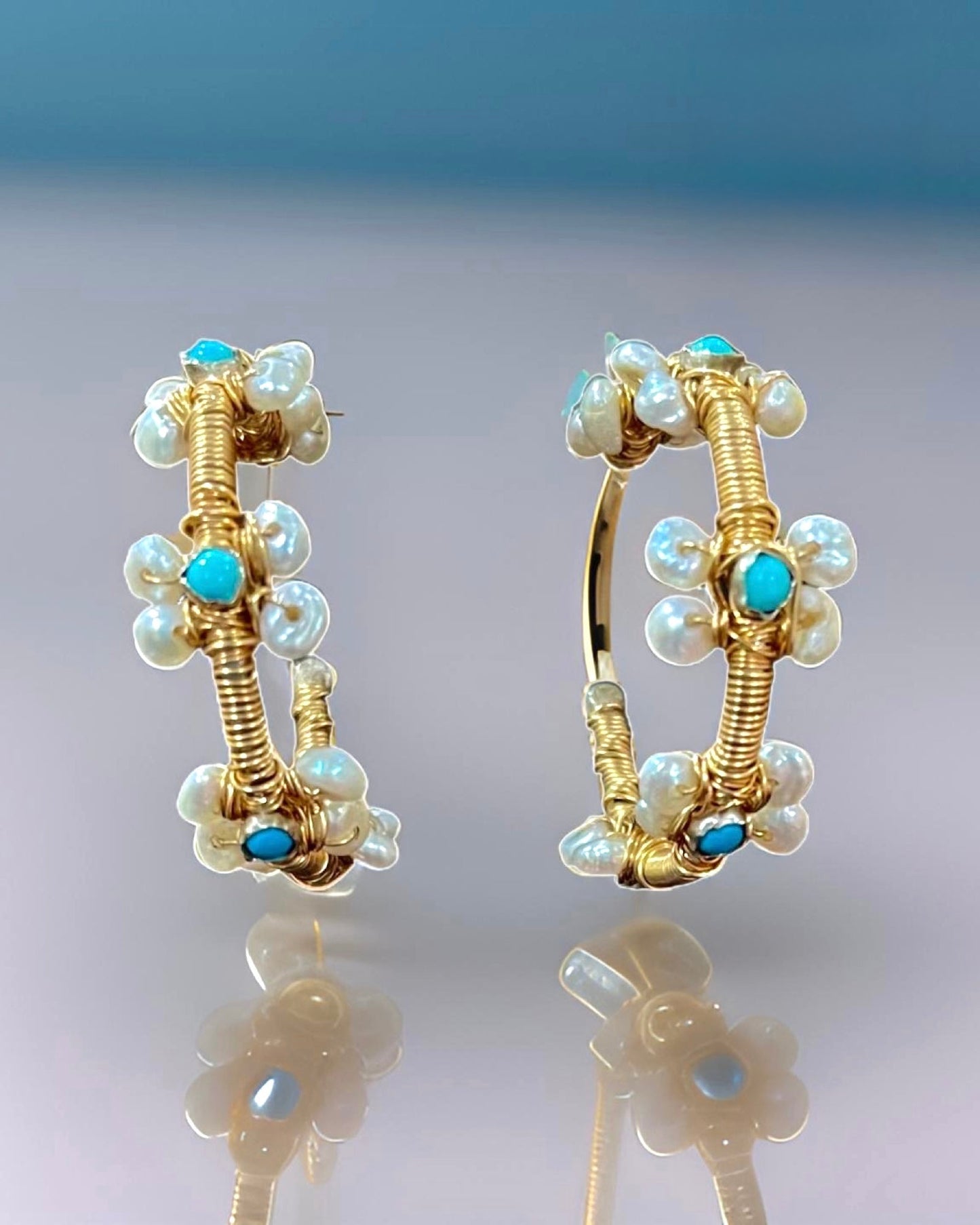 One-of-a-Kind Capri Turquoise & Pearl Wrapped Hoop Earrings