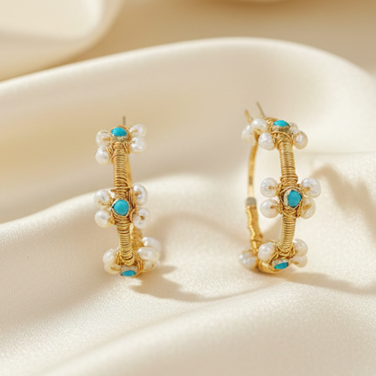 One-of-a-Kind Capri Turquoise & Pearl Wrapped Hoop Earrings