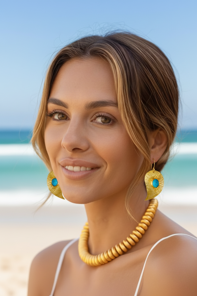Capri Turquoise Hammered 22k Gold Vermeil Leaf Drop Earrings
