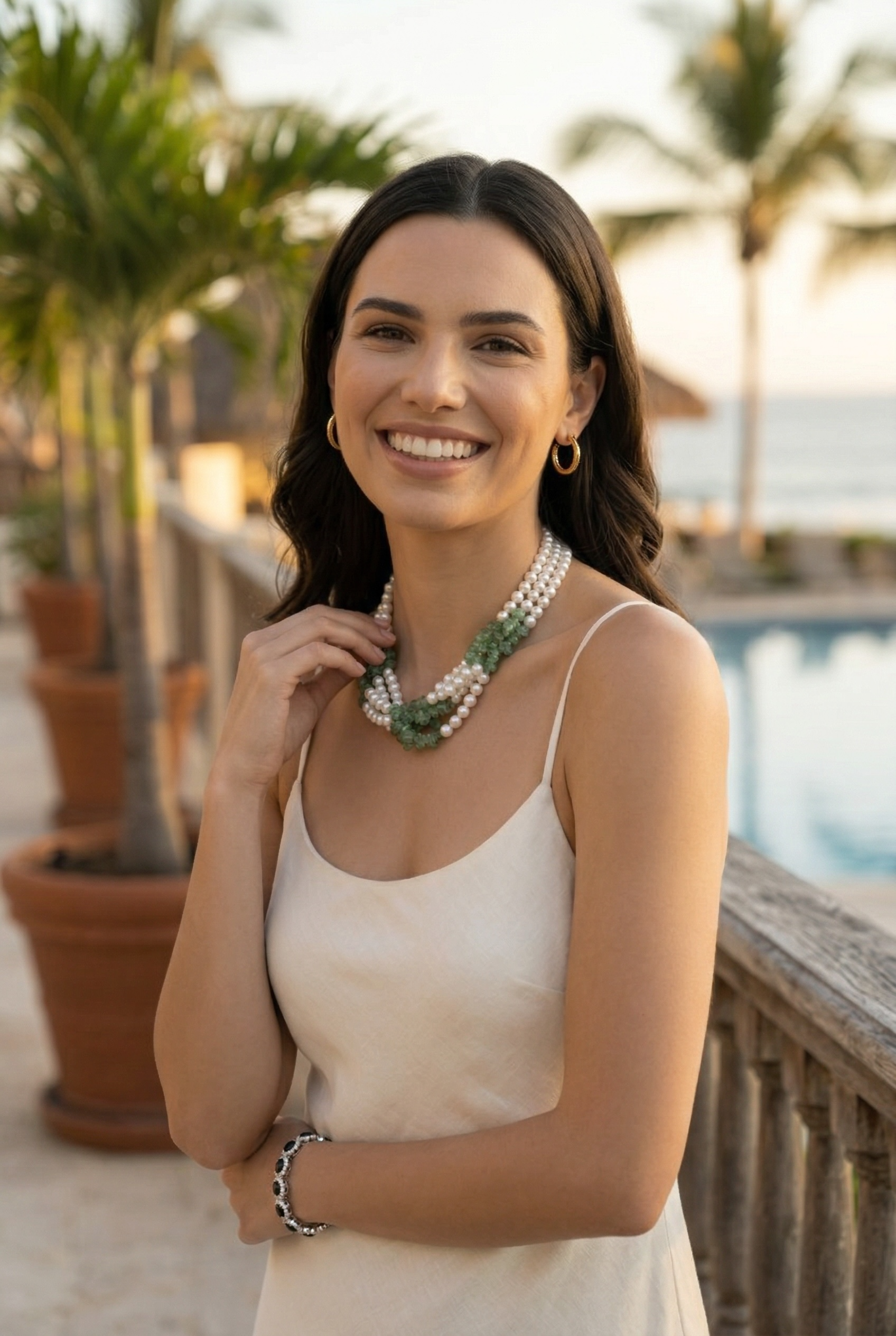 Capri Freshwater Pearl & Green Aventurine Triple Strand Necklace – Luxury Coastal Statement Jewelry
