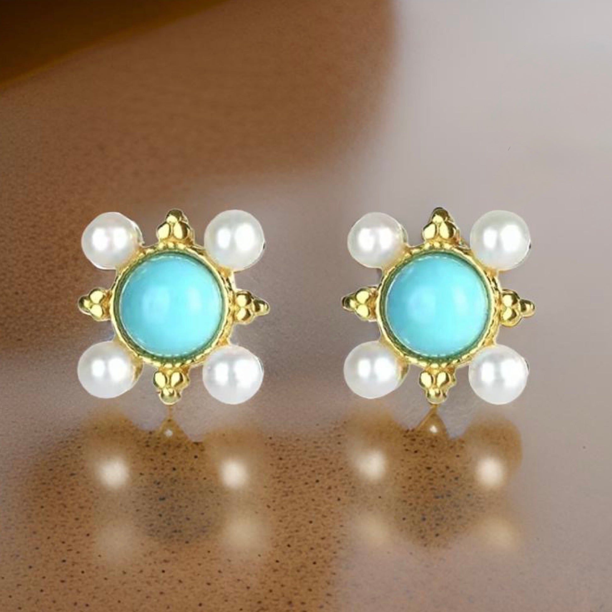 Capri Petite Turquoise & Pearl Stud Earrings – Sleeping Beauty Turquoise Gold Vermeil Studs