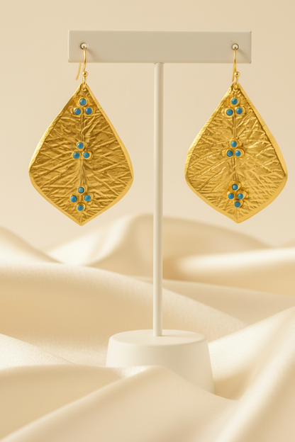 Capri Hammered Gold Leaf Turquoise Statement Earrings – 22k Gold Vermeil Resort Jewelry