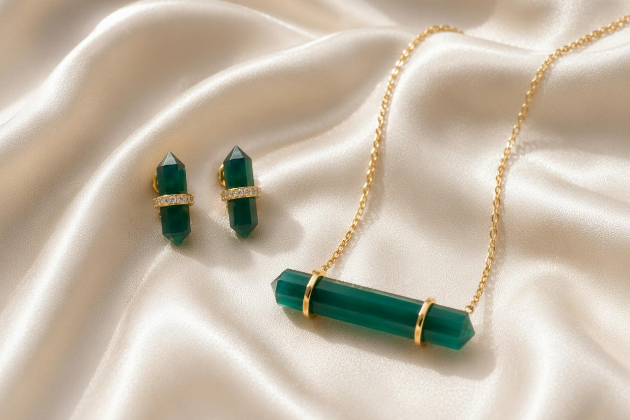 Montecito Emerald Green Onyx & Vermeil Crystal Bar Necklace and Stud Earring Set