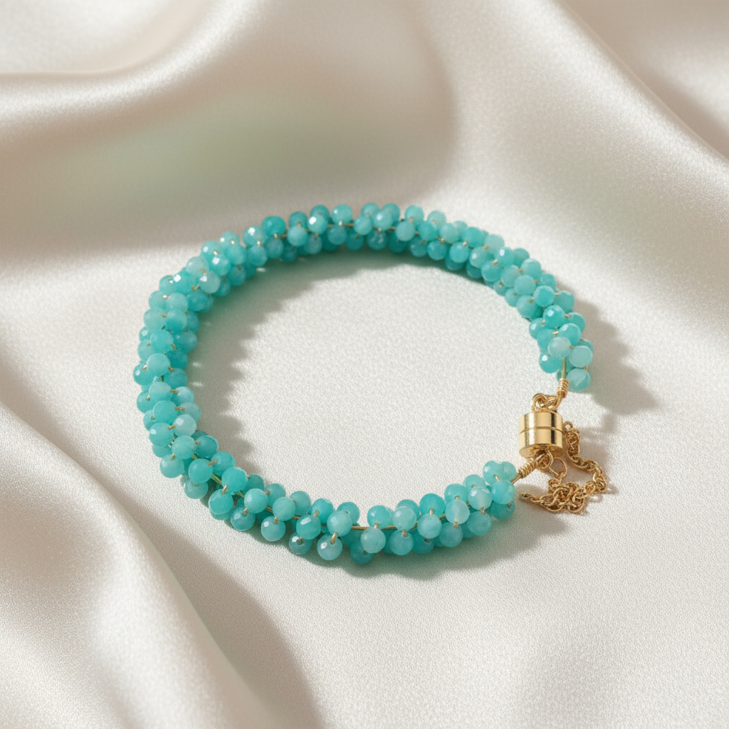 Larimar Gemstone Bracelet – Coastal Blue Faceted Bead Bracelet with Gold Magnetic Clasp