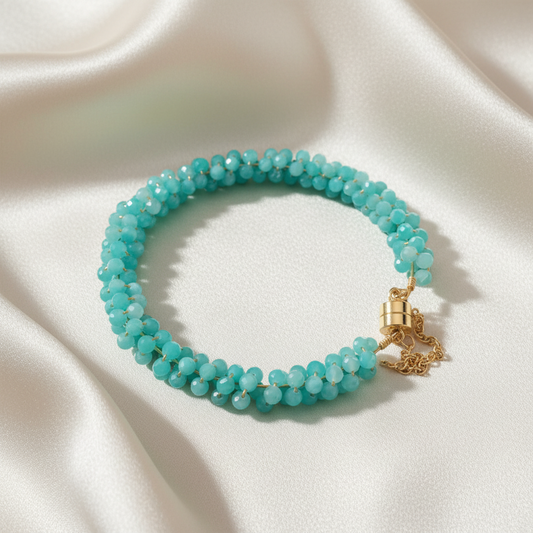 Larimar Gemstone Bracelet – Coastal Blue Faceted Bead Bracelet with Gold Magnetic Clasp