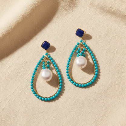 Montecito Lapis, Turquoise & Coin Pearl Statement Earrings | Coastal Resort Luxury