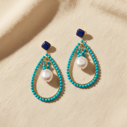 Montecito Lapis, Turquoise & Coin Pearl Statement Earrings | Coastal Resort Luxury