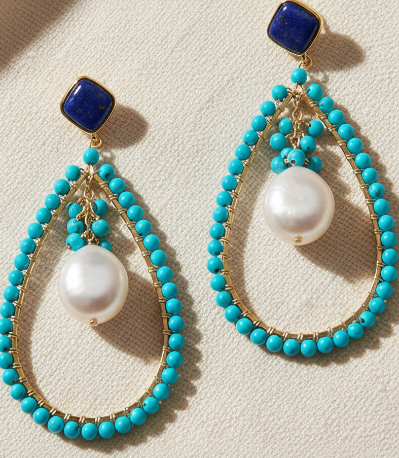 Montecito Lapis, Turquoise & Coin Pearl Statement Earrings | Coastal Resort Luxury