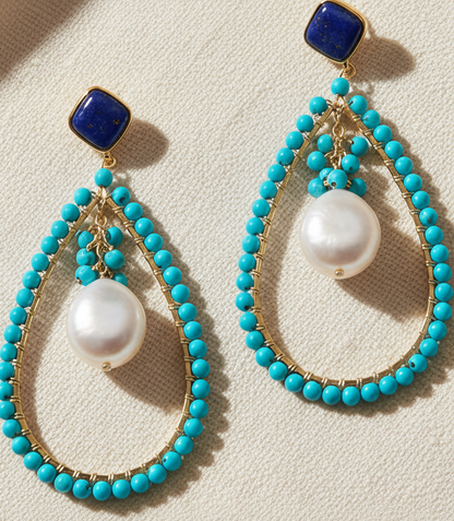 Montecito Lapis, Turquoise & Coin Pearl Statement Earrings | Coastal Resort Luxury