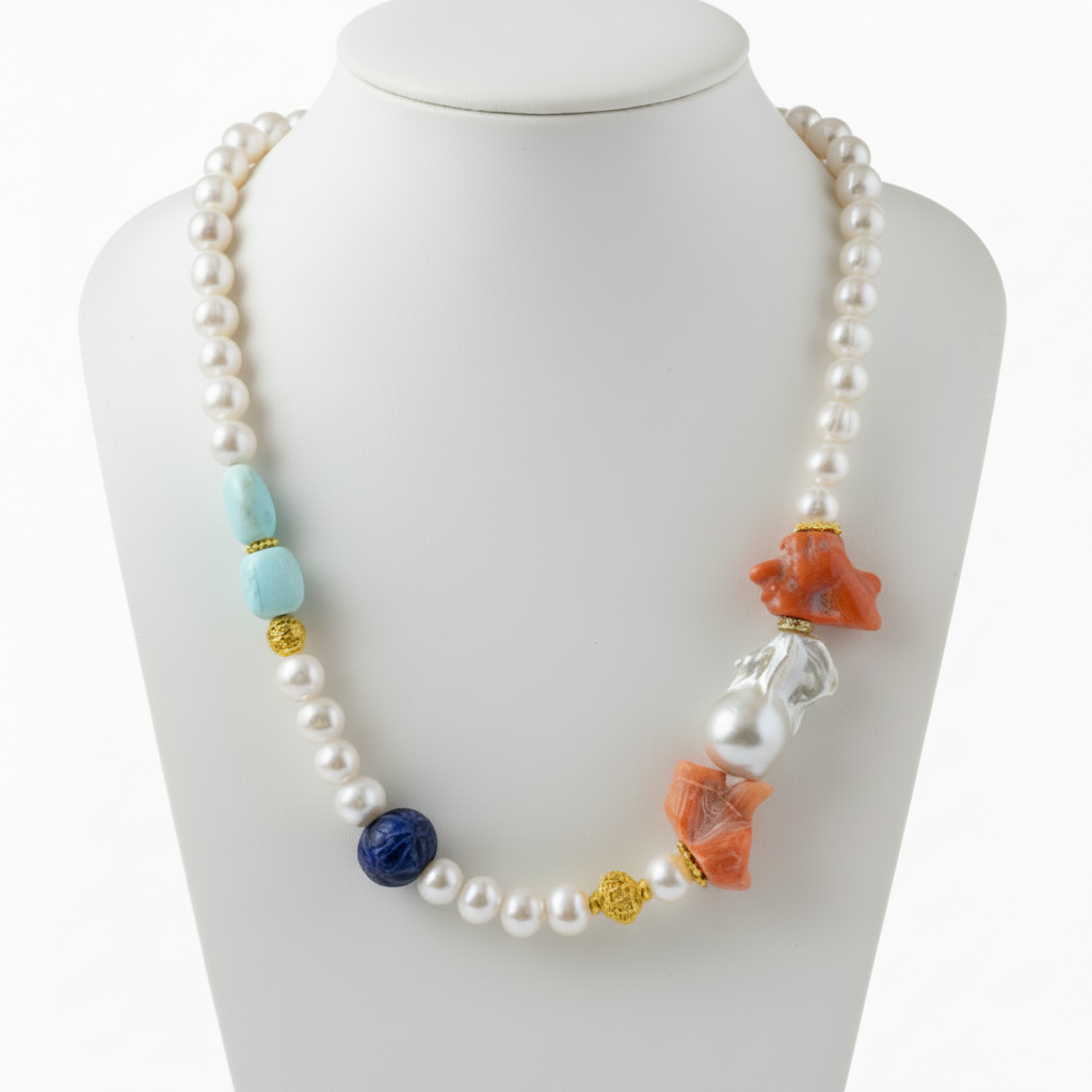 Capri Coral, Baroque Pearl, Opal & Lapis Lazuli Resort Statement Necklace