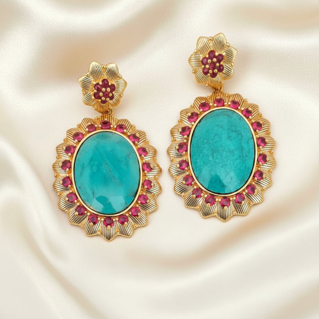 Capri Turquoise & Pink Pavé Floral Statement Earrings - 18k Gold Resort Earrings